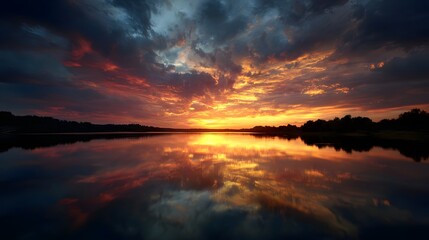 Fiery sunset paints the sky over a calm lake with dramatic reflections.