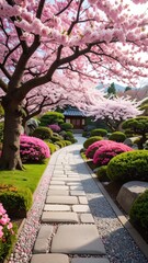 Obraz premium Pink Cherry Blossoms Frame Stone Path in Japanese Garden