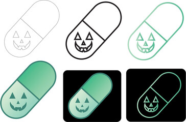 Minimalist Spooky Health Modern Flat Icon of a Pill with a Pumpkin Face