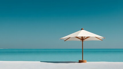 A single white umbrella stands on a pristine beach by the tranquil ocean.