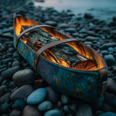 Illuminated Canoe with Log on Rocky Shore at Golden Hour