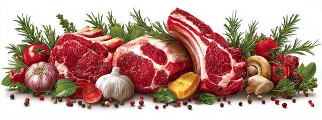 Charming organic meat frame showcasing a variety of premium meats with rosemary and garlic accents, great for a cozy and artisanal decor on a white background