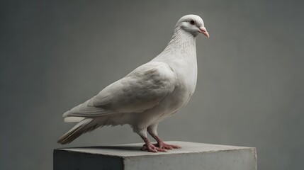 Obraz premium White dove stands on a pedestal against a gray background.