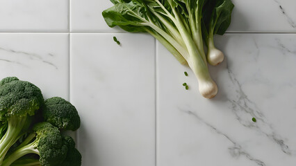 Fresh green vegetables arranged on glossy white surface with modern kitchen background softly blurred