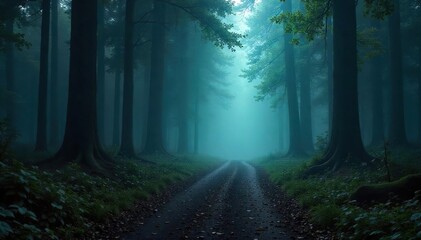 Fototapeta premium Mysterious Forest Path Eerie Mist, Disappearing Trail, Dark Woods, Supernatural Atmosphere, Ideal for Fantasy, Horror, and Mystery Projects