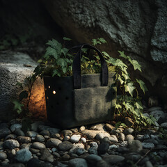 Dark Basket Planter with Ivy Illuminated by Soft Light in Nature