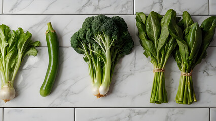 Top view fresh green vegetables on white glossy table with blurred modern kitchen background