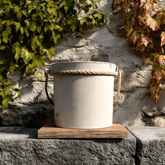 Simple White Bucket with Rope Handle on Wooden Base against Stone Wall