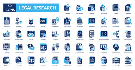 Legal Research Fill Icon Set. Regulation Search, Document Review, Court Records, Legal Analysis, Statute Book, Case Notes, Case Study