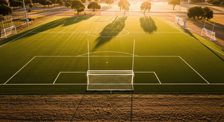 Empty multi-sport field with soccer and rugby goals at sunset with long tree shadows, perfect for sports and outdoor activities