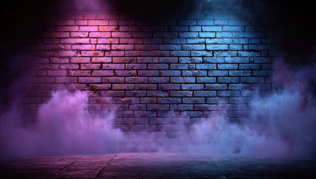 Moody scene featuring a brick wall bathed in pink and blue light, with ethereal smoke - Powered by Adobe