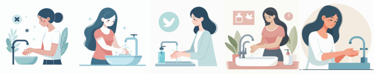 Woman Washing Hands Vector Set – Female Characters Practicing Hand Hygiene with Soap and Water, Clean Hands Illustration, Personal Hygiene and Health Care Concept