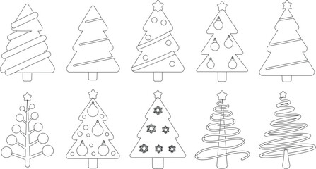 Outlined Christmas Trees Collection StarTopped, Ornamented, And Ribboned Designs for Coloring Books