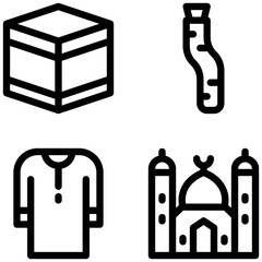 Set Of Four Black Outline Icons Featuring A Box, Bottle, Shirt, And Mosque Illustration Vector