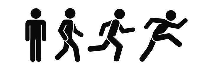 Stick Figures Illustrating Progression from Standing, Walking, Running, to Sprinting, Black Icons