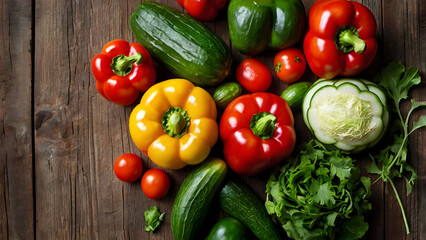 Fresh vegetables on rustic wooden surface with detailed macro texture and vibrant natural lighting
