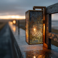 Elegant Lantern Shining Light on a Rainy Boardwalk at Sunset