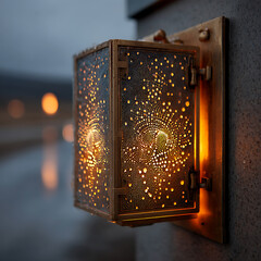 Intricate Wall Light Fixture Illuminating Damp Urban Setting at Dusk