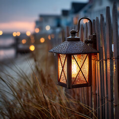 Warm Lantern Glow on Beachside Fence at Dusk with Soft Light