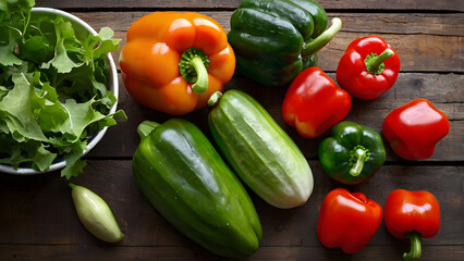 Close up fresh vegetables on rustic wooden table with detailed texture and vibrant natural colors