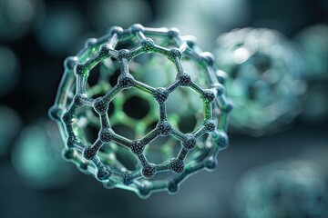 Close-up illustration of interconnected spheres, detailed, with a soft, focused background and glowing effects