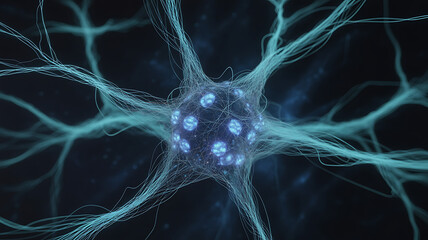 Abstract Neuron Cell Illustration: Neural Network, Brain Cell, Synapse, and Medical Research Concept with Blue Glowing Light on Dark Background