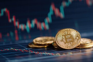 Golden coins in focus with a blurred financial graph in the background, indicating market fluctuations