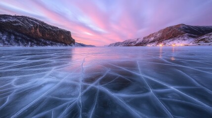 Frozen lake with cracked ice leading to a distant glowing horizon, framed by mountains