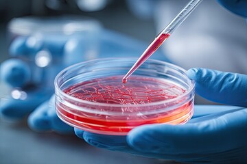 Close-up view of gloved hands using a pipette to sample a red-hued, petri dish culture