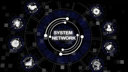 Animated illustration of system network with interconnected business process icons - Powered by Adobe