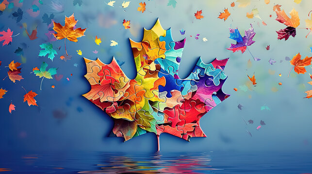 Canada Maple leaves pazzles with rainbow background