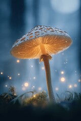 Enchanted Forest Mushroom Illuminated by Magical Glowing Orbs and Soft Moonlight.