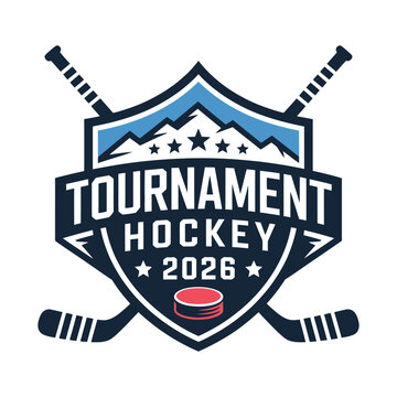 Ice hockey tournament emblem featuring crossed sticks puck mountains and year 2026