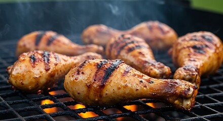 Juicy Grilled Chicken Drumsticks on Flaming Barbecue Grill