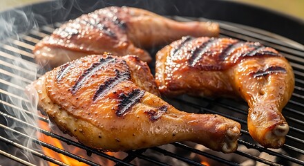 Juicy Grilled Chicken Drumsticks on Flaming Barbecue Grill
