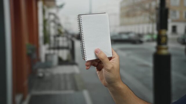 Man holding notebook on city street showcasing blank pages in urban outdoor setting, perfect for concepts related to ideas, creativity, notes, and planning.