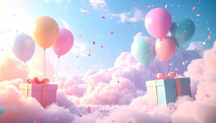Dreamy pastel birthday or celebration background. Gift boxes and colorful balloons float through a surreal sky filled with soft pink and white clouds and falling confetti.
