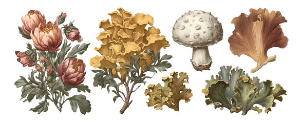 Vintage Floral and Fungus Illustrations on White
