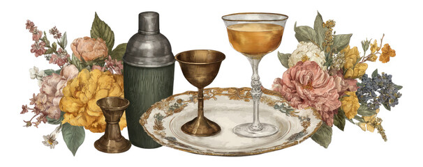 Artistic Cocktail Setup with Vintage Elements and Flowers