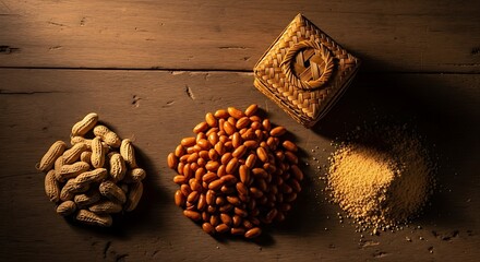An overhead view of raw peanuts in the shell, shelled roasted peanuts, and peanut powder, essential for various Indonesian dishes like satay.