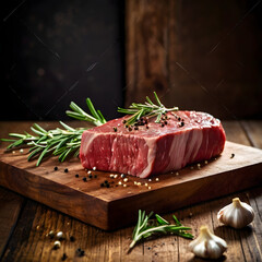 Fresh raw beef steak on rustic cutting board with herbs garlic and peppercorns illuminated by warm natural light symbolizing homemade cooking