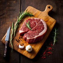 Close up of raw beef steak on rustic wood board surrounded by garlic rosemary and pepper in warm daylight showing authentic kitchen preparation