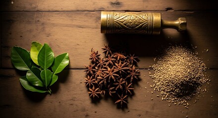 Overhead shot of kaffir lime leaves, star anise, and cumin seeds next to a decorated brass pestle, on a rustic wooden table.
