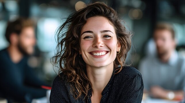 Young woman smiles with dimples, showing happiness and confidence.