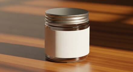 Glass jar with blank label product mockup on wooden surface