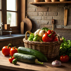 Basket filled with fresh vegetables placed on rustic kitchen table in warm daylight highlighting organic