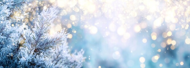 Winter Christmas Tree Branch with Snow and Golden Bokeh Lights.