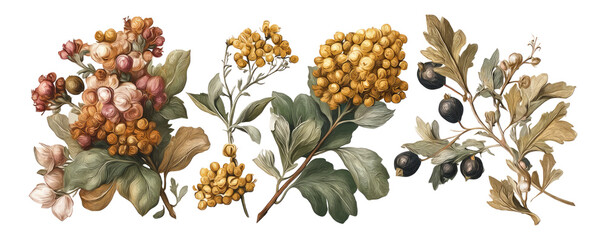 Detailed Vintage Floral Illustration on Transparent Background