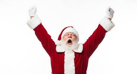 Santa Claus with his arms raised in excitement, celebrating the holiday season with a joyous expression.
