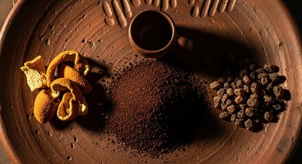 An arrangement of dried citrus peels, finely ground coffee, and dark palm sugar pieces on a traditional earthenware plate with a small cup.